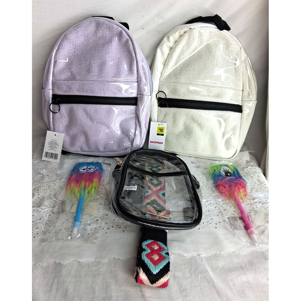 3 Miniature Bookbag Purses Backpack Shoulder Bags Fuzzy Pens & Clear Event Bag